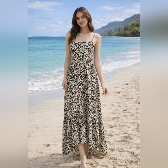 Saks Fifth Avenue Dresses & Skirts - Saks Fifth Ave Leopard Print Spaghetti Strap Linen High Low Summer Dress Size S